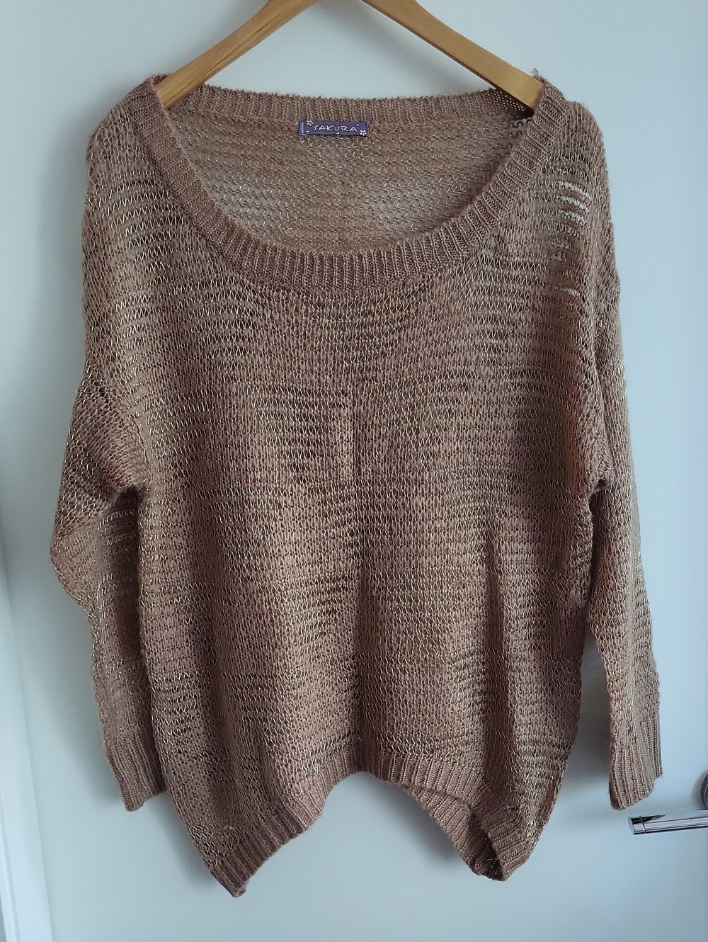 Sakura Light Brown Open-Weave Scoop Neck Sweater